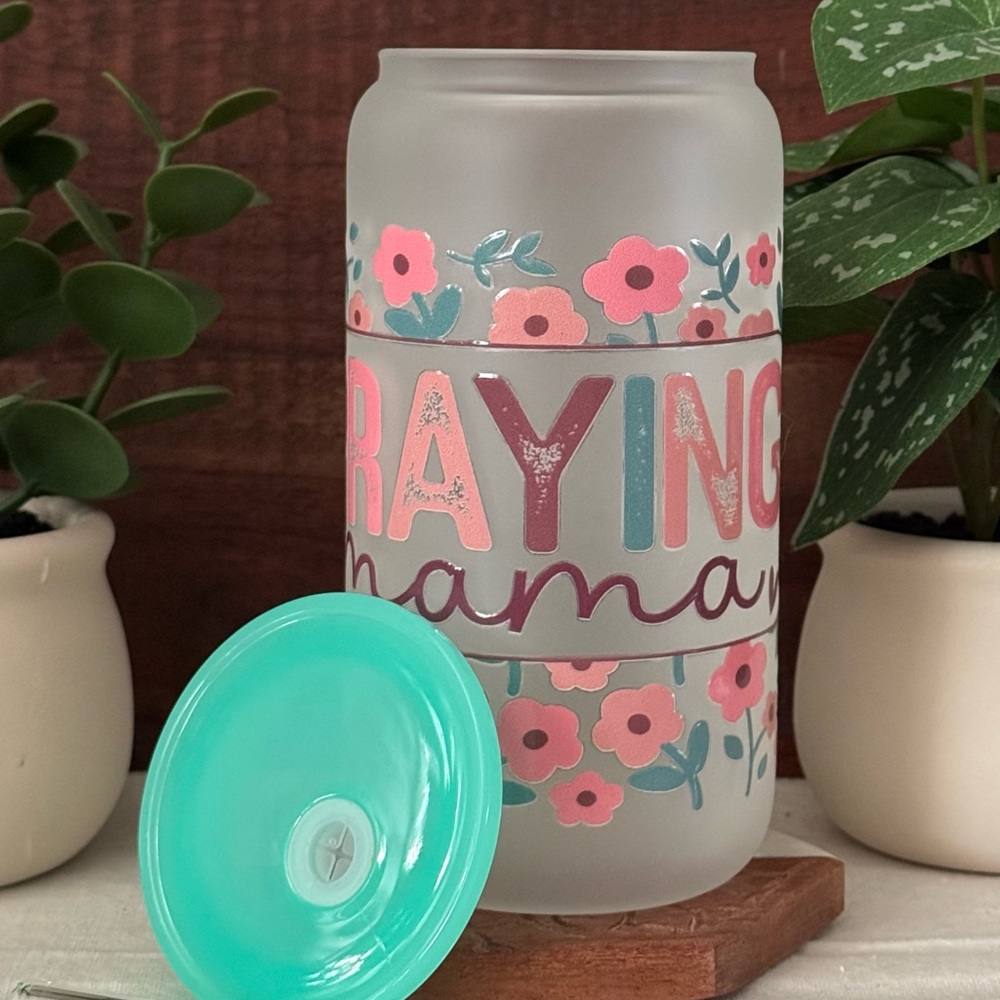 Pink and Teal “Praying Mama” Frosted Glass Tumbler